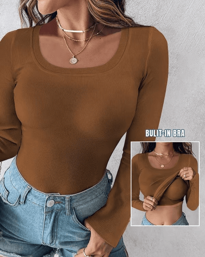 🔥Neck Built-in Bra Long Sleeve Ribbed Top Shirts Elegant Skinny Fit Fabric💥