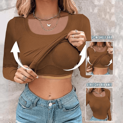🔥Neck Built-in Bra Long Sleeve Ribbed Top Shirts Elegant Skinny Fit Fabric💥