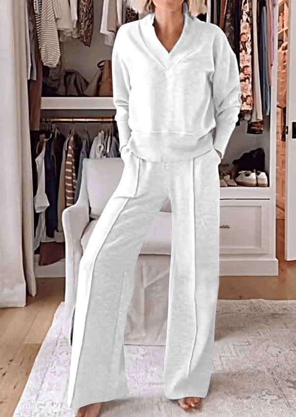 💖💖Women's Solid Color V-neck Top & Pants Two-piece Set